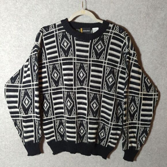 VTG Justin Blake Geometric AOP Knit Sweater‎ Black/White Fair Isle Retro Men's L - Picture 1 of 5